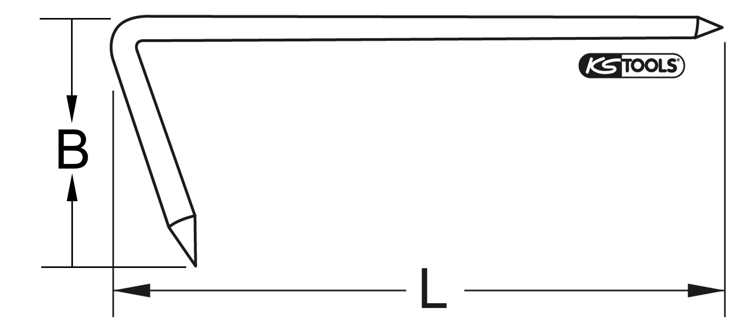 Zeichnung eines Winkelschlüssels mit den Maßen B und L, diagonaler Spitze und dem Logo 'KS TOOLS' rechts oben.