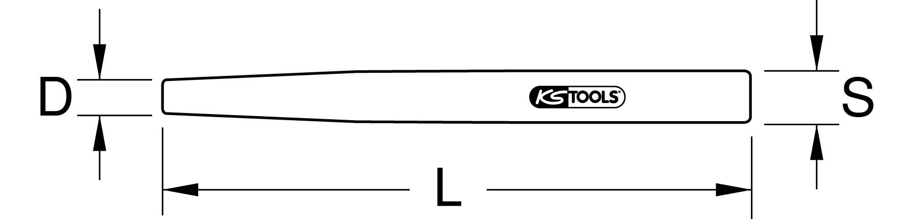 Diagramm eines Splinttreibers mit den Maßen: Durchmesser (D), Länge (L) und Schaftdurchmesser (S) sowie Logo 'KS TOOLS'.