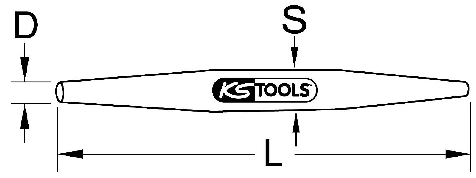 Doppelschlüssel mit den Maßen: L (Länge), D (Durchmesser) und S (Stärke) gekennzeichnet. Markenname 'KS TOOLS' in der Mitte.