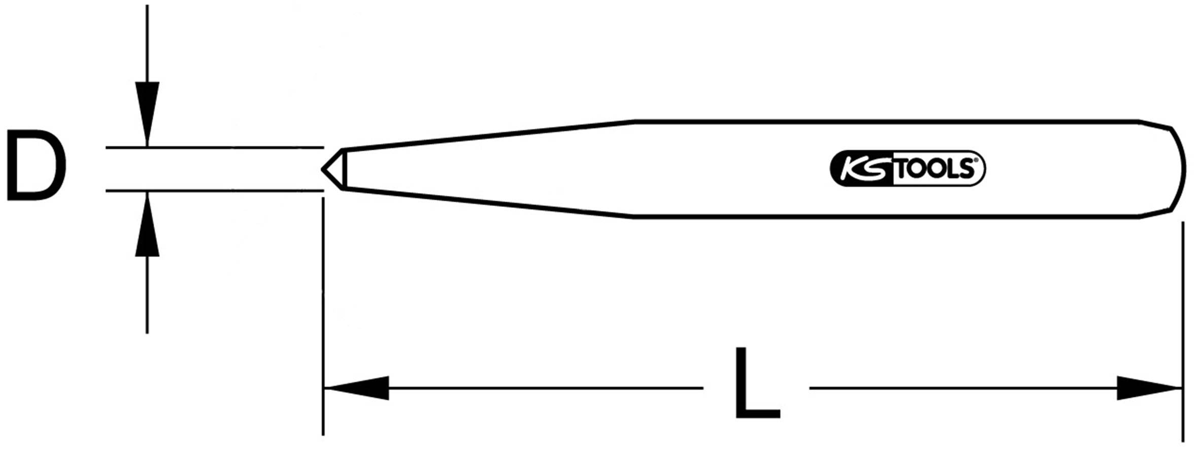 'KS Tools'-Körner mit Spitze, Länge (L) und Durchmesser (D) markiert. Werkzeug zur Kennzeichnung von Punkten auf Materialien.