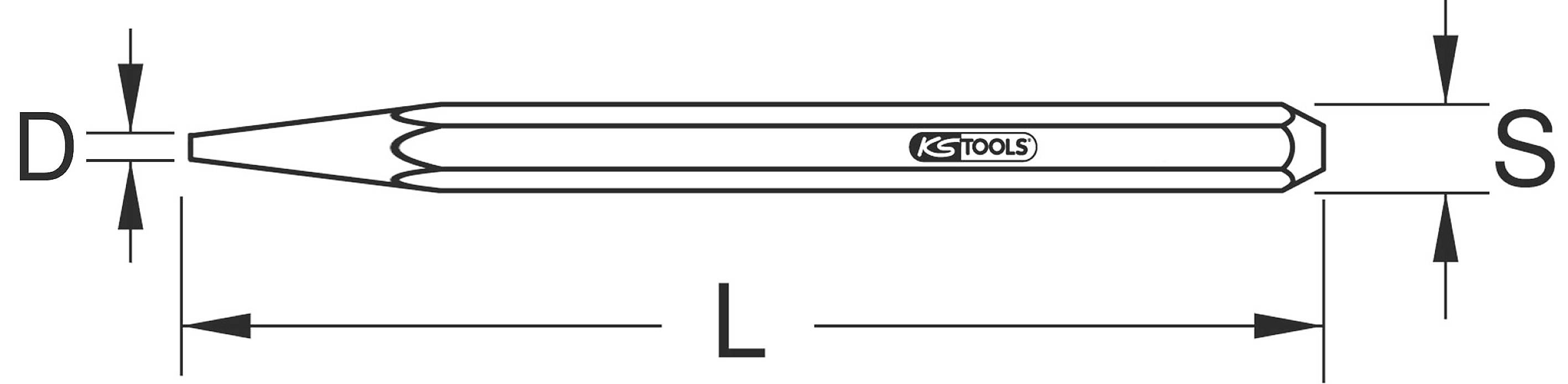 Technische Zeichnung eines Splinttreibers mit den Maßen: Durchmesser (D), Länge (L) und Spannweite (S).
