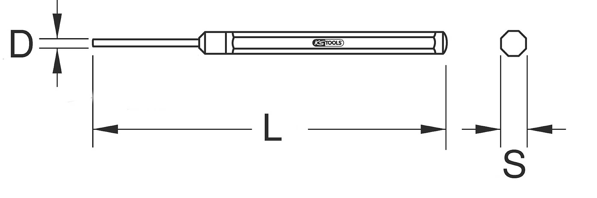 Zeichnung eines zylindrischen Stifts. Links die Länge (L) und Durchmesser (D) des Stifts, rechts die Kopfgröße (S) markiert.