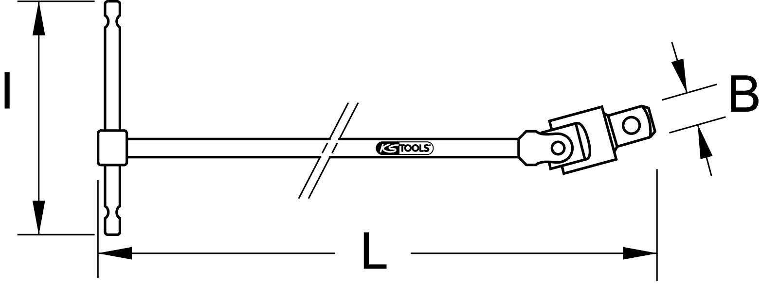 Diagramm eines T-Griff-Schraubenschlüssels von KS Tools mit drehbarem Kopf. Zeigt Längen L und I sowie Winkel B.
