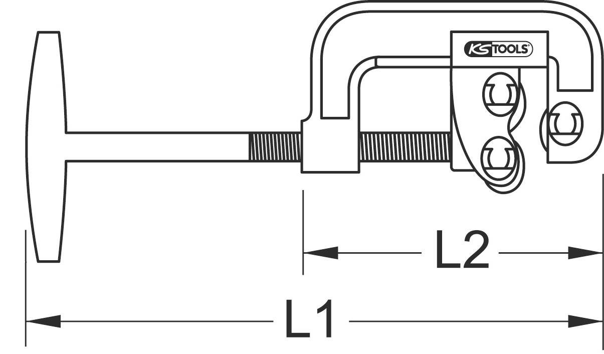 Werkzeug mit zwei Längenangaben, L1 und L2. Schraubmechanismus links mit Spindel und Griff. Geeignet für präzises Anziehen oder Lösen.