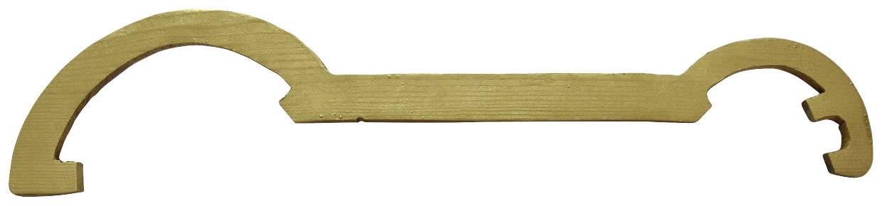 Ein flacher, schulterartiger Holzsteg mit gebogenen Enden, möglicherweise ein Bauteil oder Werkzeugkomponente.