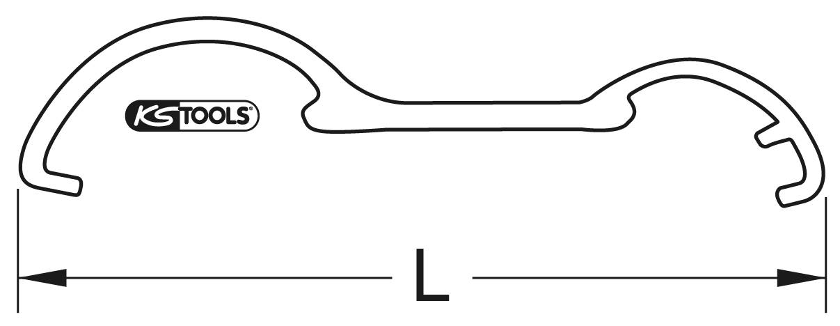 Querschnitt eines KS Tools Schlüsselhakens mit eingetragenem Firmenlogo und Länge 'L', die durch doppelseitigen Pfeil angedeutet wird.