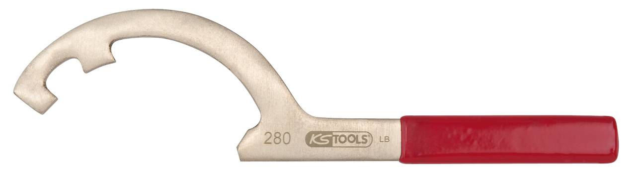 Ein Hakenschlüssel mit rotem Griff für Schraubverbindungen. Markierung 280 und Logo 'KS TOOLS' auf dem Metall.