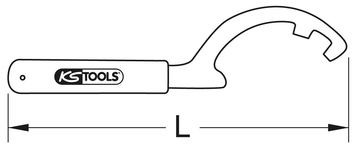 Abbildung von einem Hakenschlüssel mit der Aufschrift 'KS Tools'. Das Werkzeug wird in der Länge 'L' dargestellt.