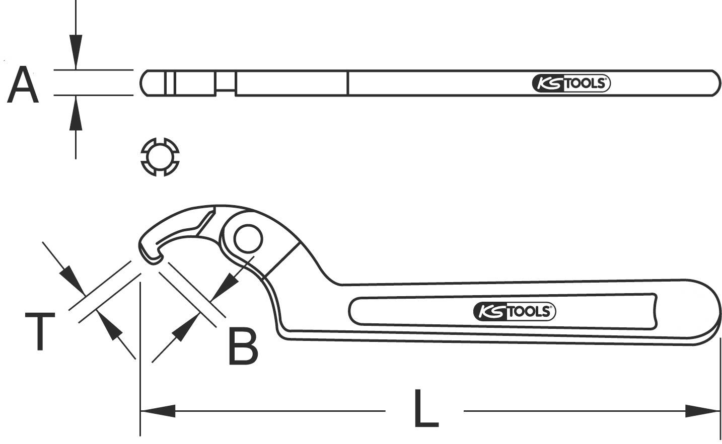 Technische Zeichnung eines Hakenschlüssels von KS Tools zeigt Maße: A (Durchmesser), B (Abstand), T (Winkel), L (Länge).