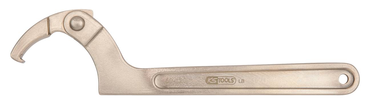 Ein goldfarbener Hakenschlüssel mit einem festen Haken am Ende, gestaltet für spezifische Schraubarbeiten in industriellen Anwendungen.