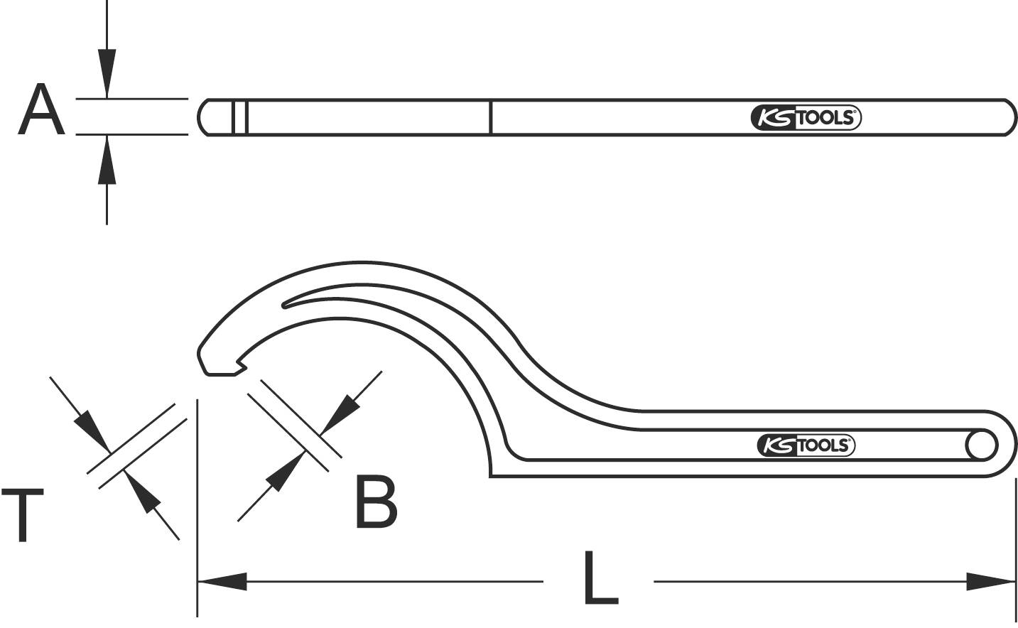 Technische Zeichnung eines Hakenschlüssels von KS Tools mit Maßen: A, B, L, T. Der Schlüssel hat eine gebogene Form für spezielle Anwendungen.