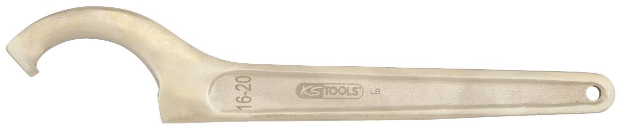Hakenschlüssel aus Metall mit der Aufschrift '16-20' und 'KS TOOLS'. Er hat eine gebogene Spitze zum Greifen und Drehen von Muttern.