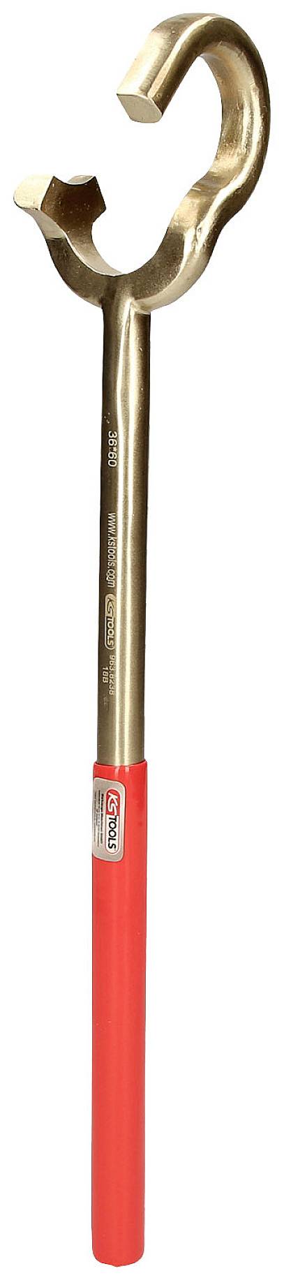 Ein Bronzewerkzeug mit einem roten Griff, wahrscheinlich ein spezieller Hakenschlüssel zum Greifen oder Drehen von Rohren oder Ventilen.