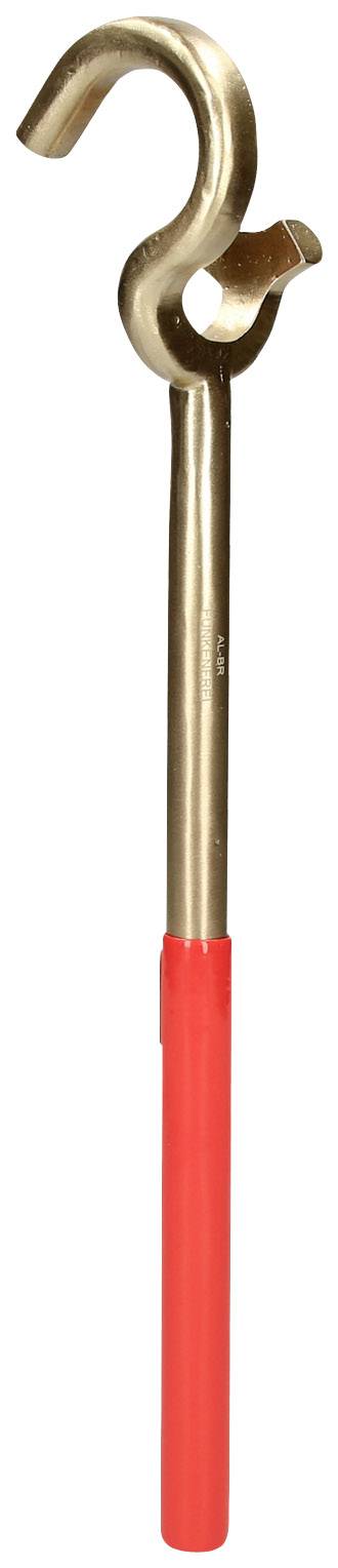 Metallhaken mit rotem Kunststoffgriff, gebogenes Ende für einfaches Einhaken.