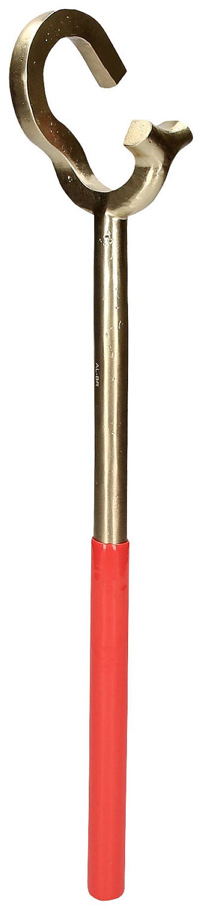 Ein metallischer Gegenstand mit Haken oben und rotem Griff, möglicherweise ein Werkzeug zum Greifen oder Heben von Objekten.
