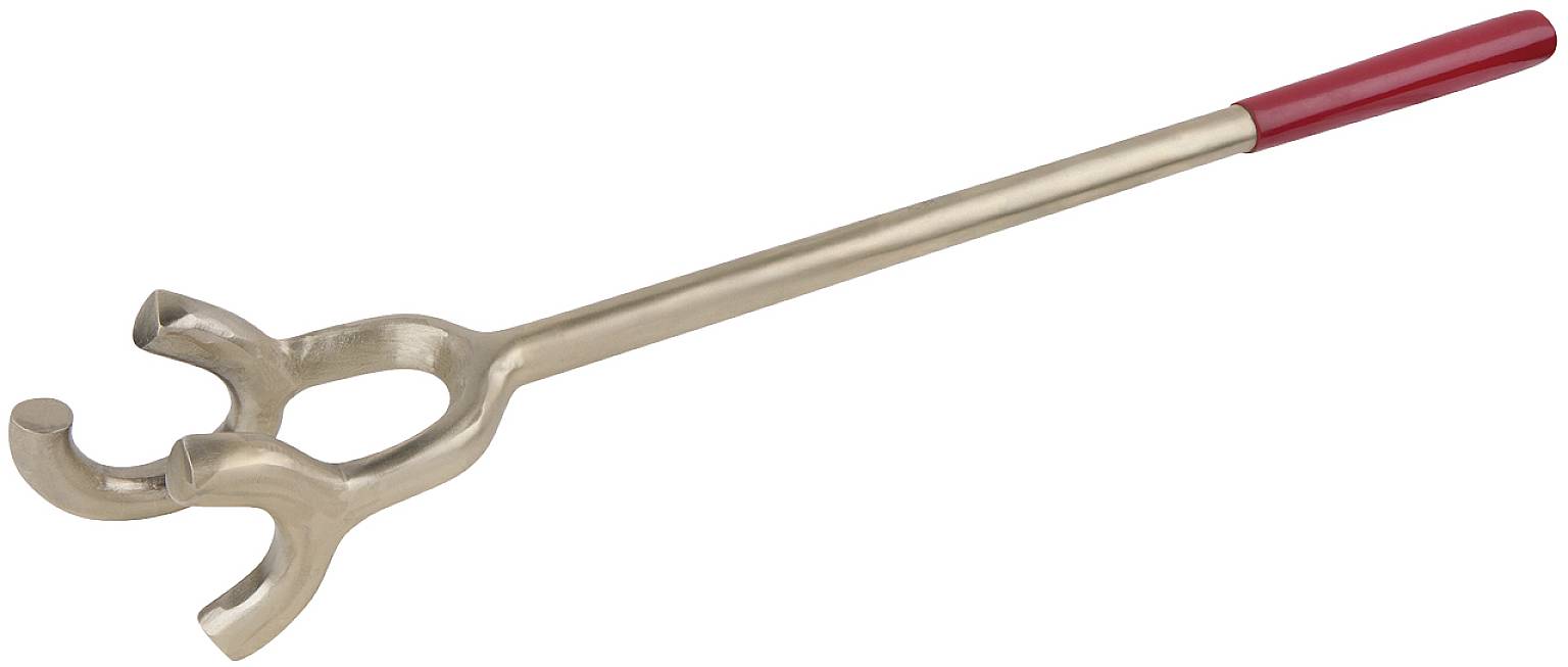 Ein ergonomischer Flaschenöffner mit einem langen Griff und einem rotbeschichteten Ende, geeignet für Gläser mit schwer zu öffnendem Deckel.