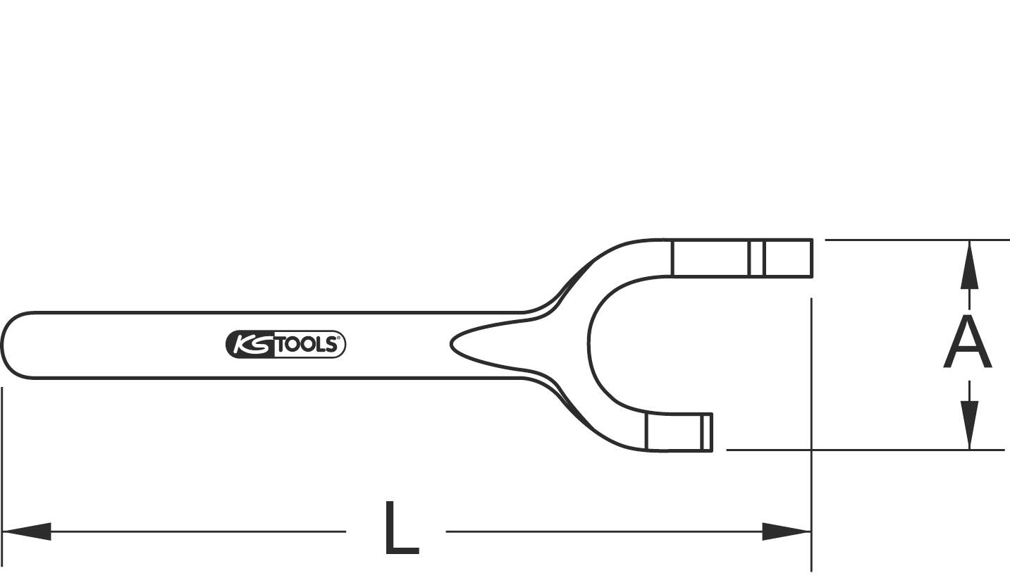 Werkzeugzeichnung eines Gabelschlüssels von KS Tools. Zeigt Maße: Länge (L) und Gabelweite (A).