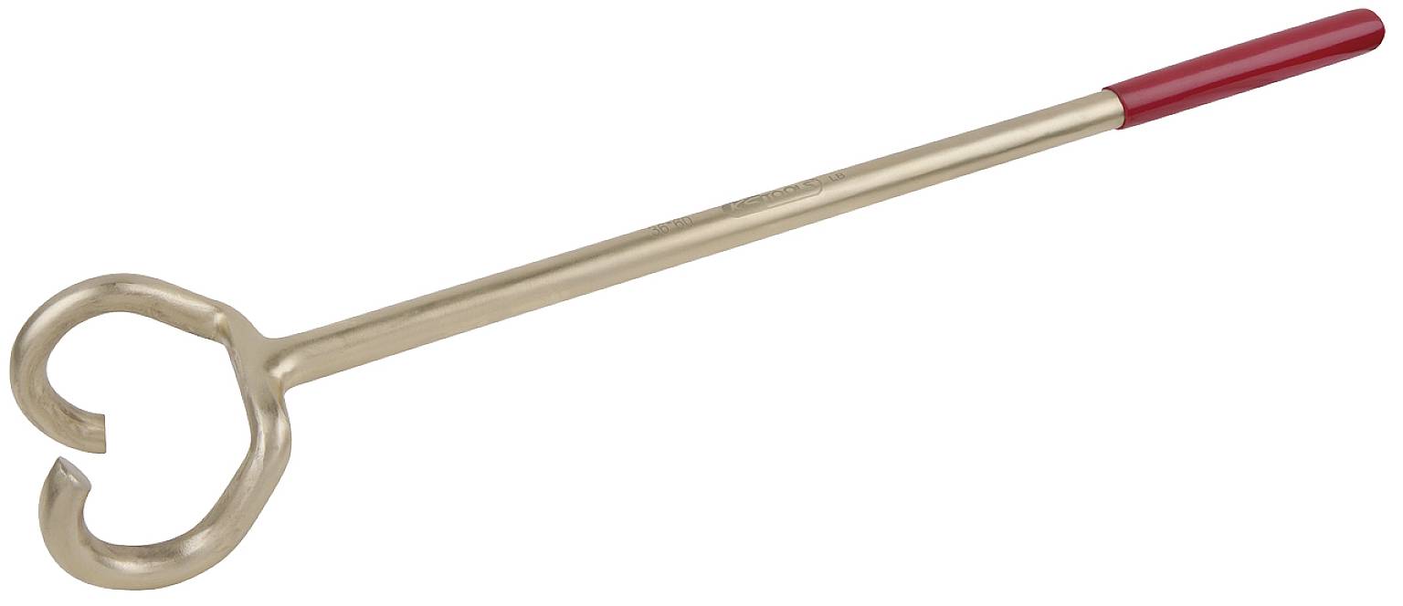 Ein bronzefarbener Haken mit langem Griff und rotem Ende.