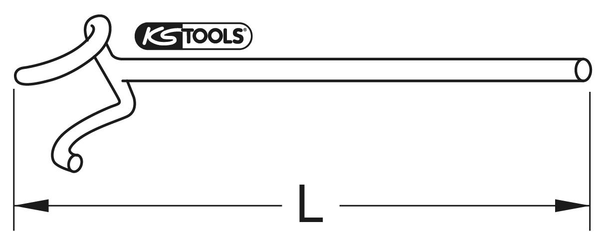 Abbildung eines Bremsfederhakens mit Logo der Marke 'KS Tools'. Ein Pfeil unter dem Haken zeigt die Länge 'L' an.