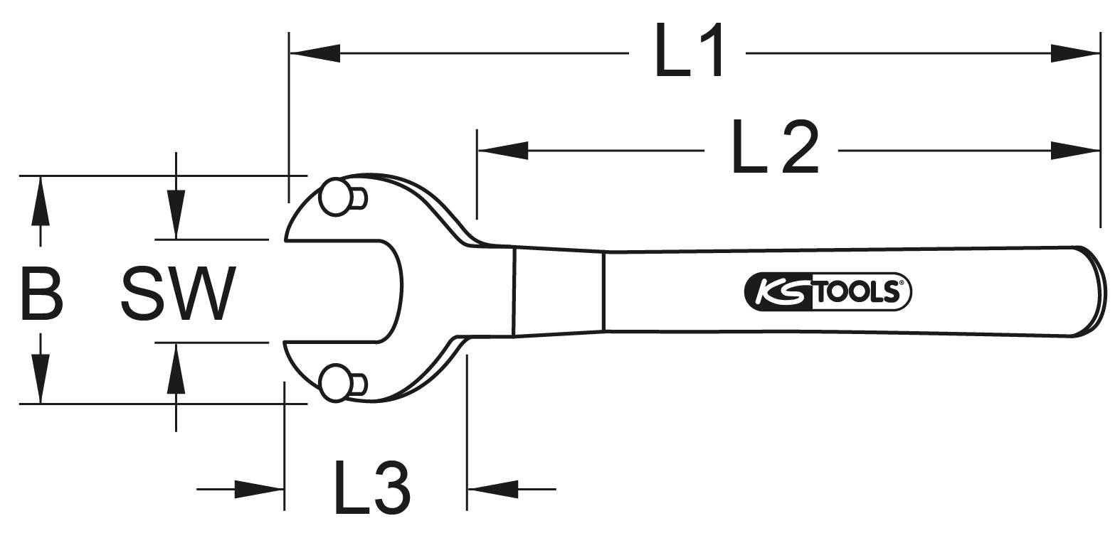Abbildung eines Schraubenschlüssels mit den Maßen: Gesamtlänge L1, Maulöffnung SW, Breite B, kurze Länge L2, Handgriff L3, Marke 'KS Tools'.