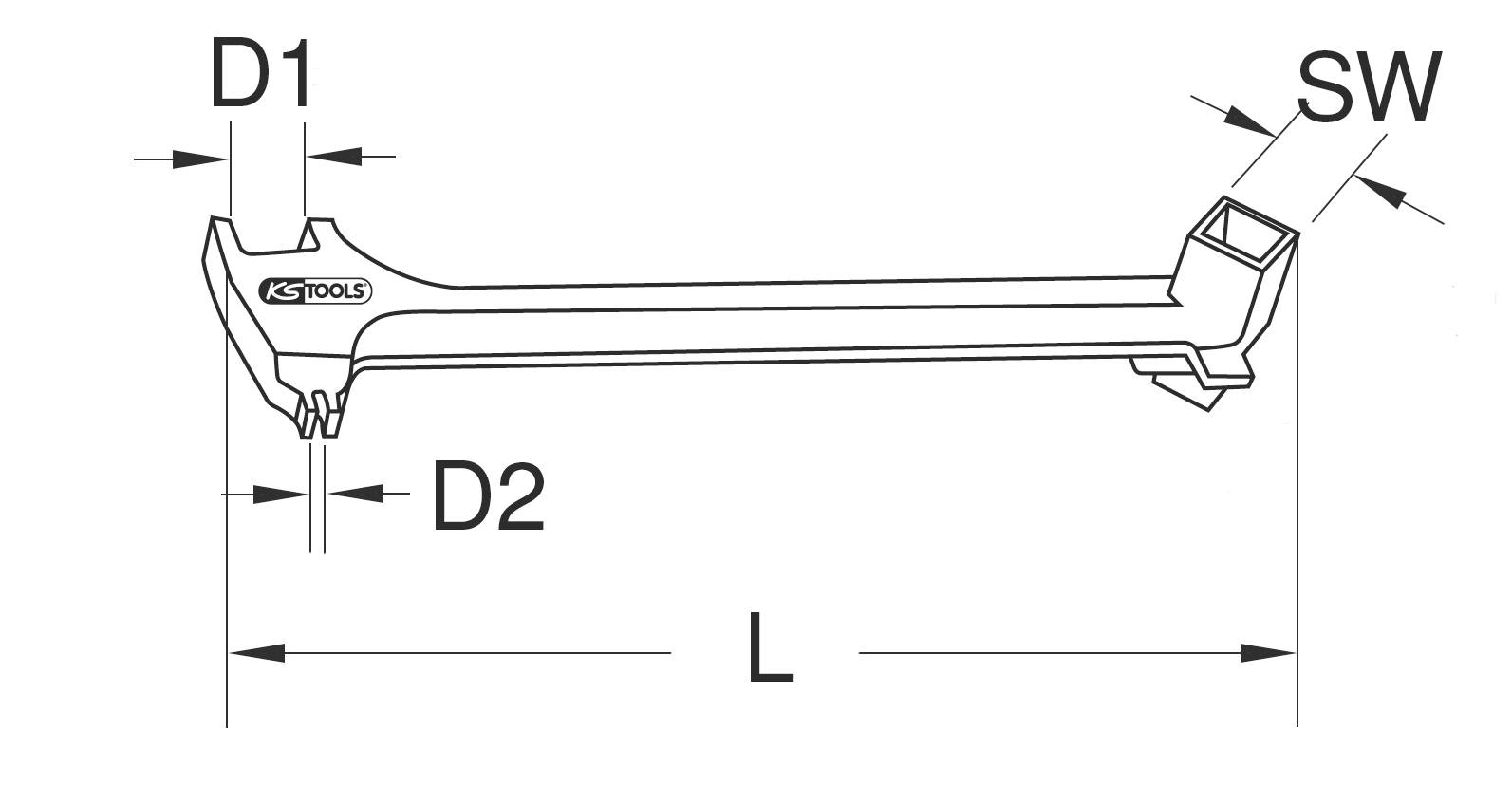 Technische Zeichnung eines Winkelschlüssels mit Längen- und Breitenmaßen (D1, D2, SW, L). Werkzeug von KS Tools.