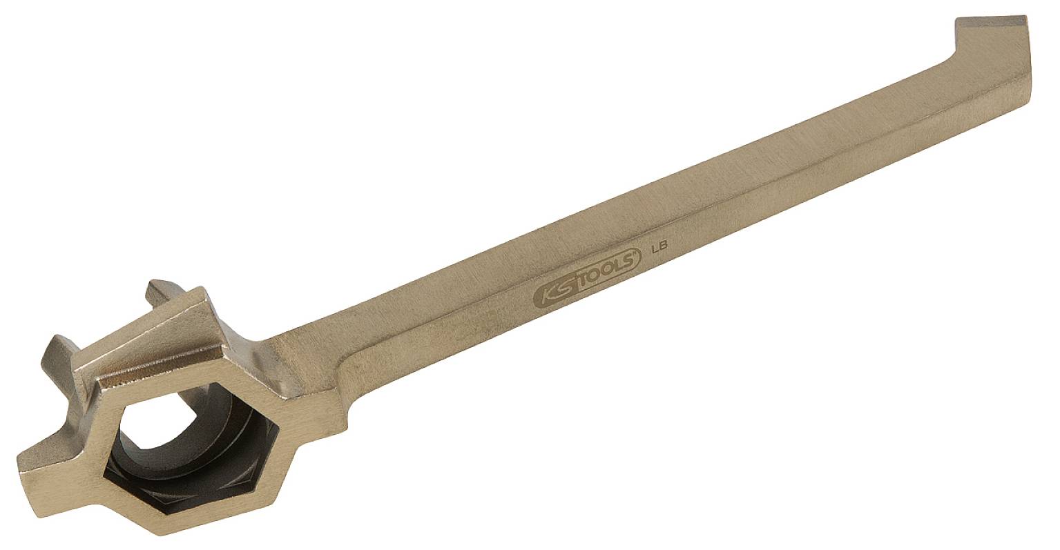 Schraubenschlüssel mit sechseckigem Kopf und langem Griff, aus Metall. Geeignet zum Festziehen von Muttern und Schrauben.