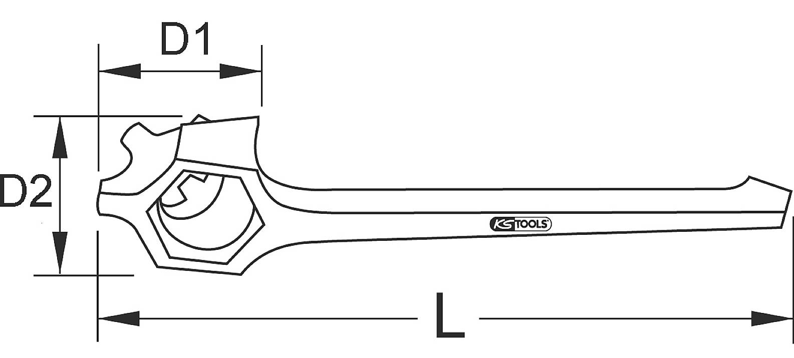 Technische Zeichnung eines Ringschlüssels mit Maßen: D1, D2 und L. Markierung: KS Tools.