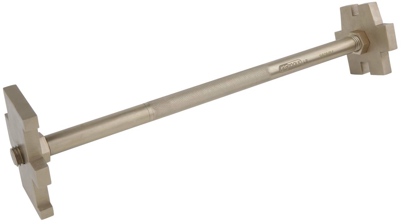 Ein metallischer Sicherungsstift mit zwei sternförmigen Enden und einer geriffelten Grifffläche, dient zur Fixierung in Maschinen.