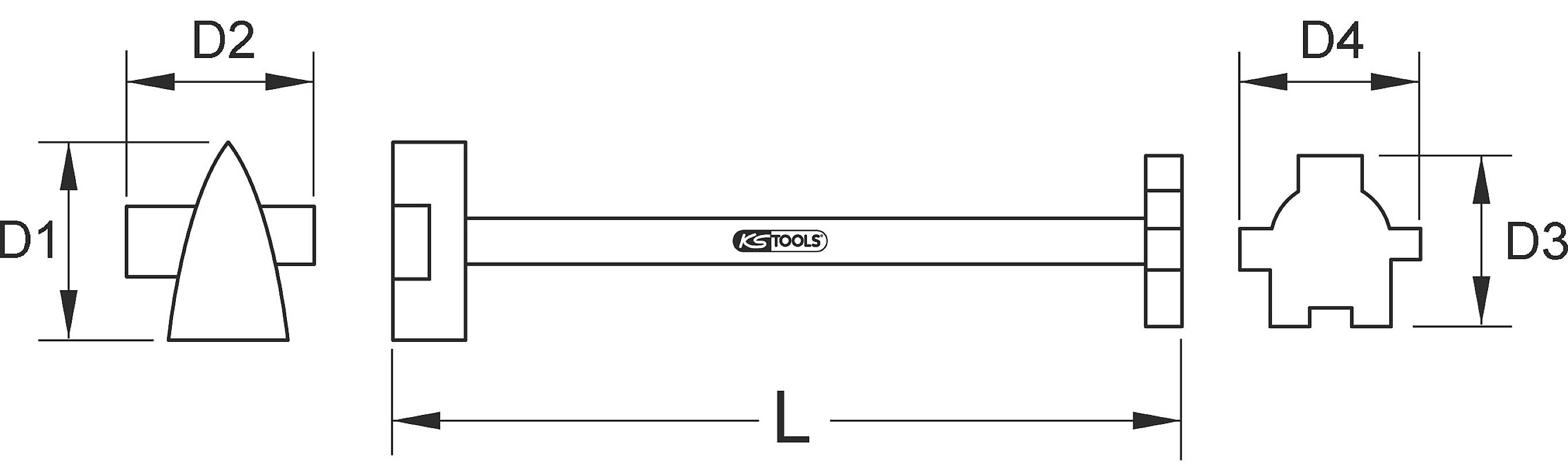 Technische Zeichnung einer Schraube: Pfeilförmiger Kopf (D1), Schaft (L) und runder Vierkant-Kopf (D3, D4). Maße D1 bis D4 markiert.