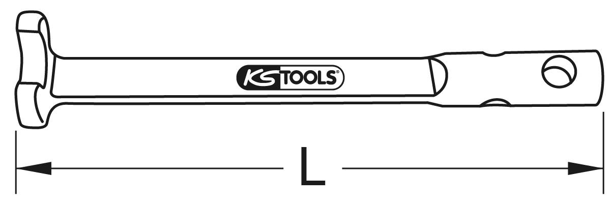 Illustration eines T-Griff-Schraubenschlüssels von der Marke KS Tools, gekennzeichnet mit Längenangabe (L) und Logo in der Mitte.