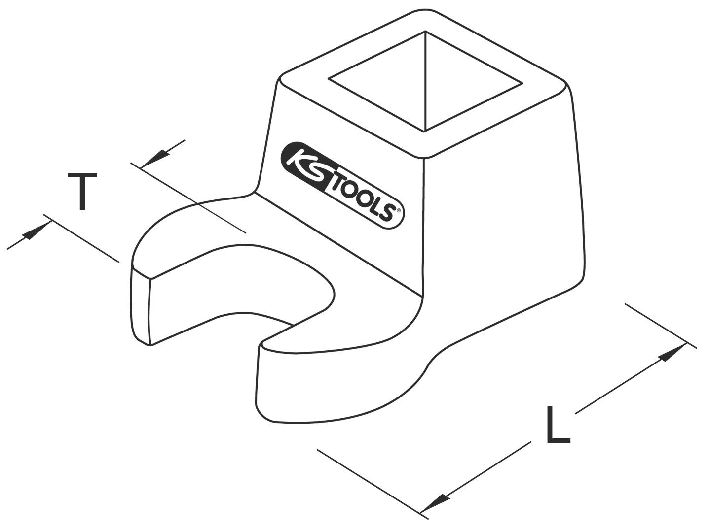 Diagramm eines Werkzeugadapters von KS Tools, zeigt Maße T und L. Adapter hat viereckige Öffnung oben und U-förmige Basis unten.