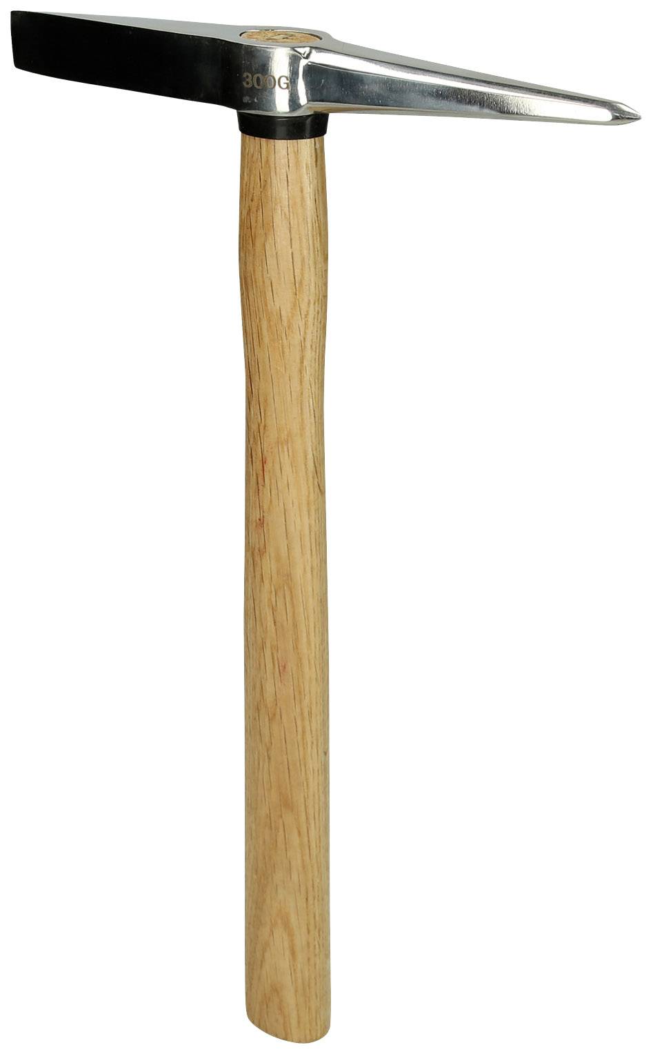 Ein Hammer mit Holzgriff und Metallkopf, geeignet für handwerkliche Arbeiten. Der Kopf hat eine flache und eine spitze Seite.