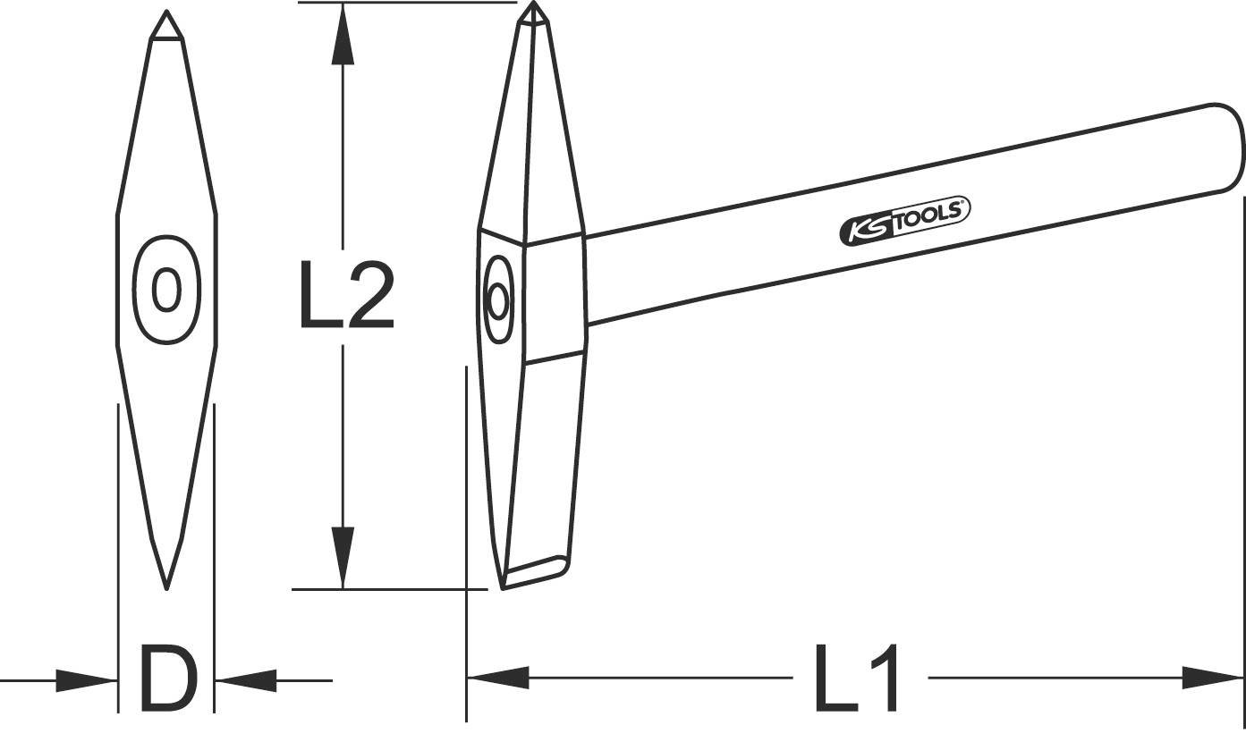 Diagramm eines Hammers von KS Tools mit Maßangaben: L1 für Gesamtlänge, L2 für Höhe des Kopfes, D für Durchmesser der Spitze.