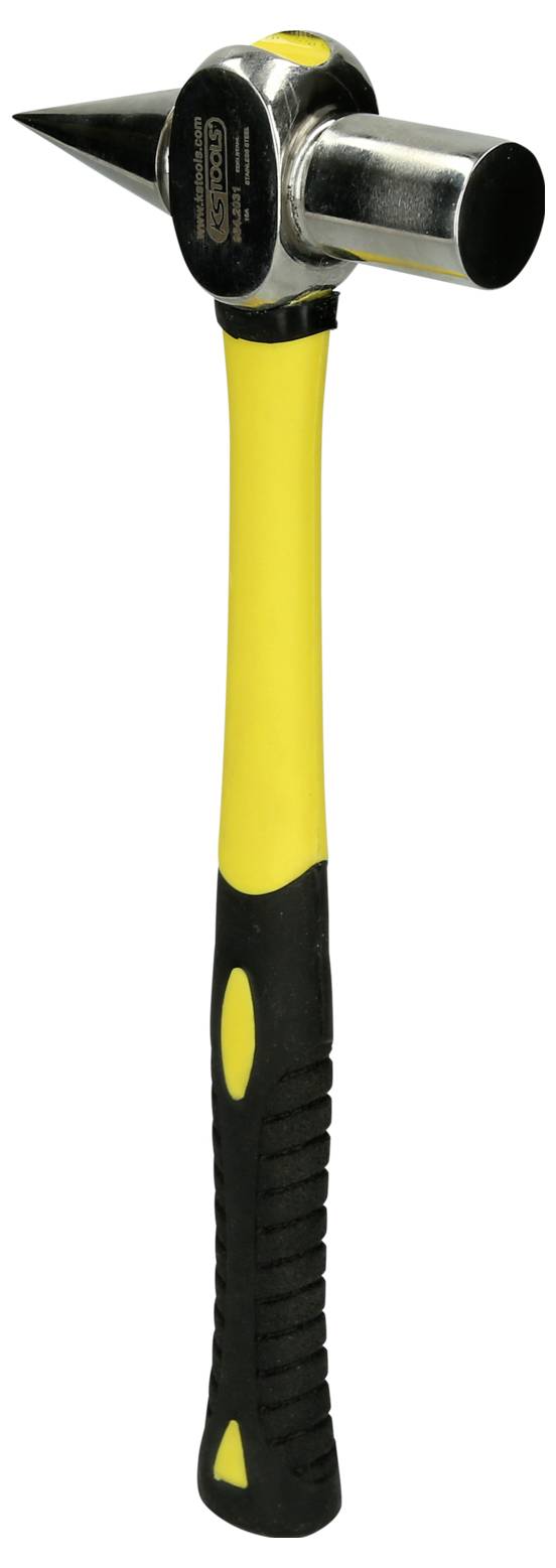 Nahaufnahme eines Klauhammers mit gelb-schwarzem Griff auf weißem Hintergrund.