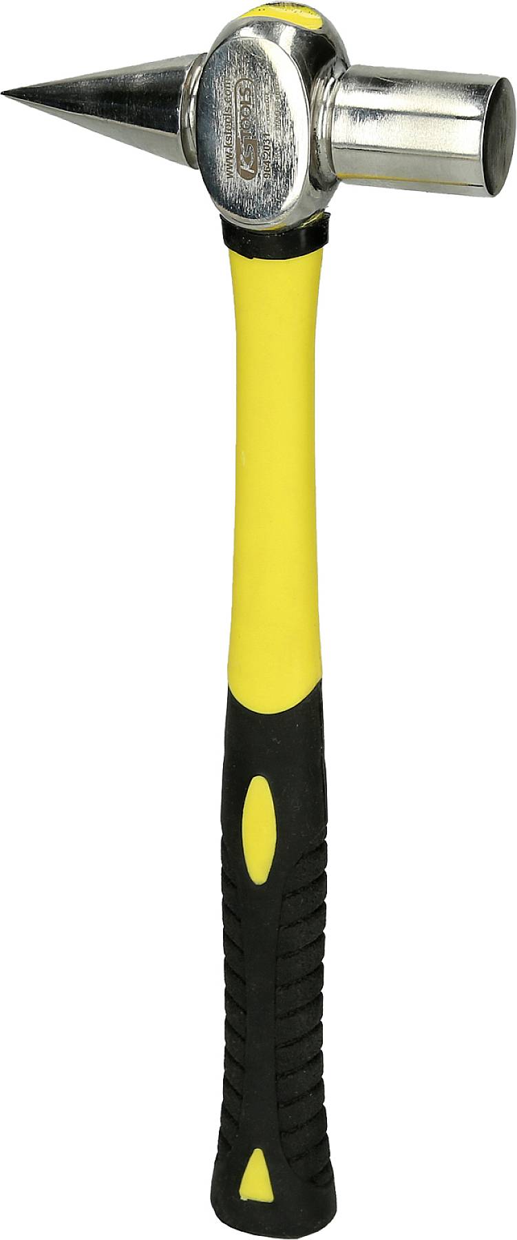 Ein gelber Spitzhammer mit schwarzem Griff, geeignet für Präzisionsarbeiten in der Metallbearbeitung oder im Bauwesen.