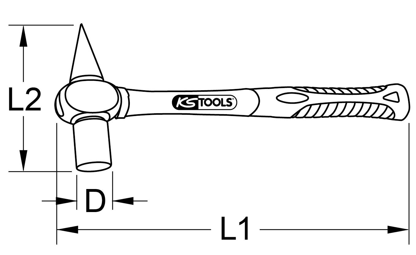 Schwarz-Weiß-Zeichnung eines Hammers von KS Tools mit spitzem und flachem Ende; zeigt die Maßangaben L1, L2 und D an.