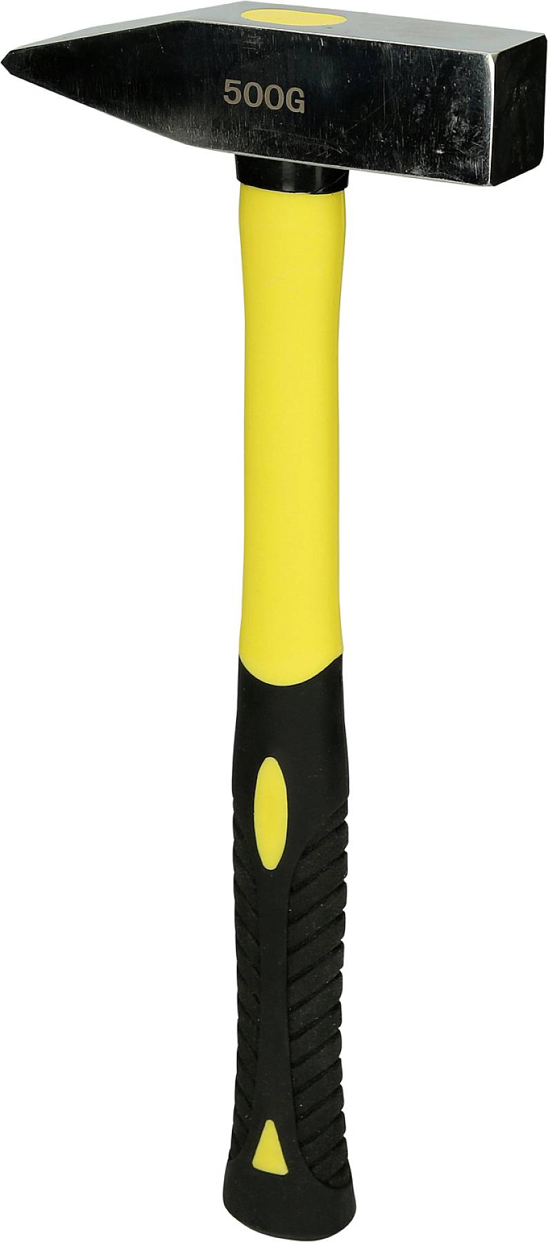 Ein Hammer mit gelbem Griff und schwarzem Kopf, auf dem '500G' steht. Entworfen für handwerkliche Tätigkeiten.