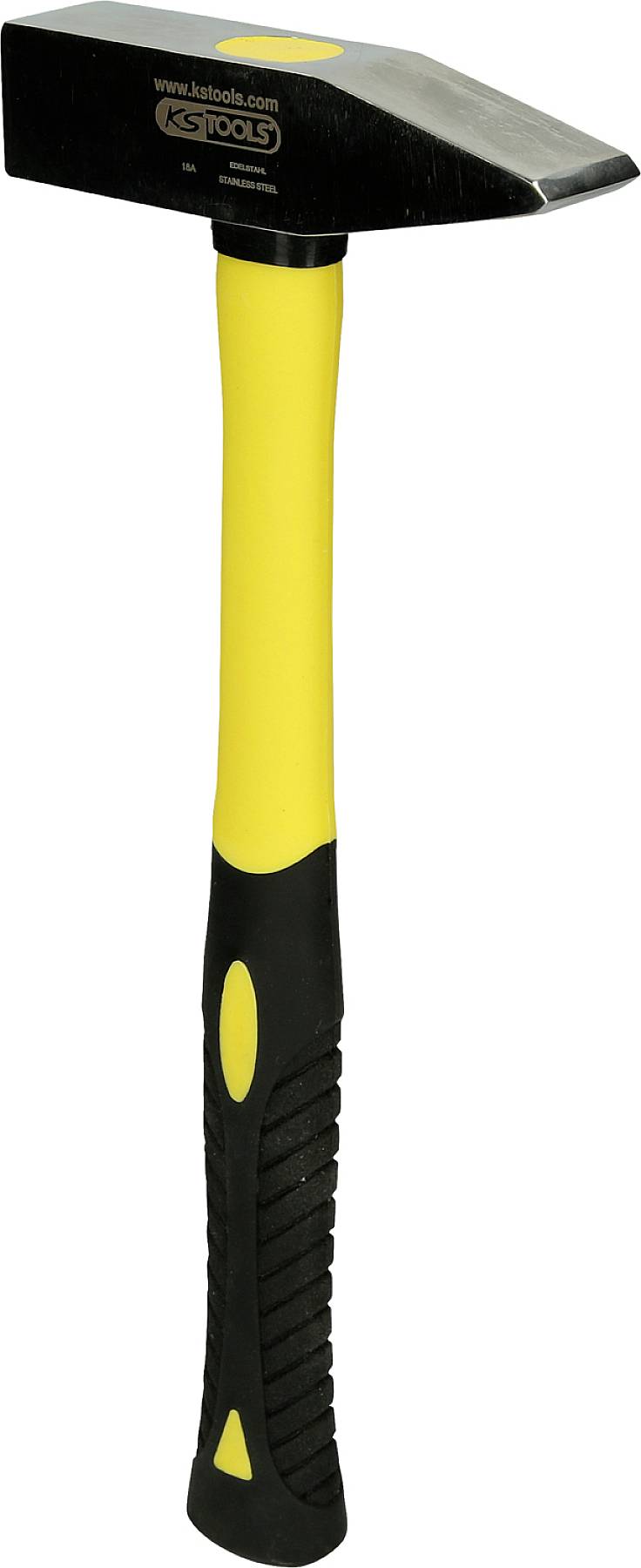 Ein schwarzer Hammer mit gelbem Griff und rutschfester Oberfläche.