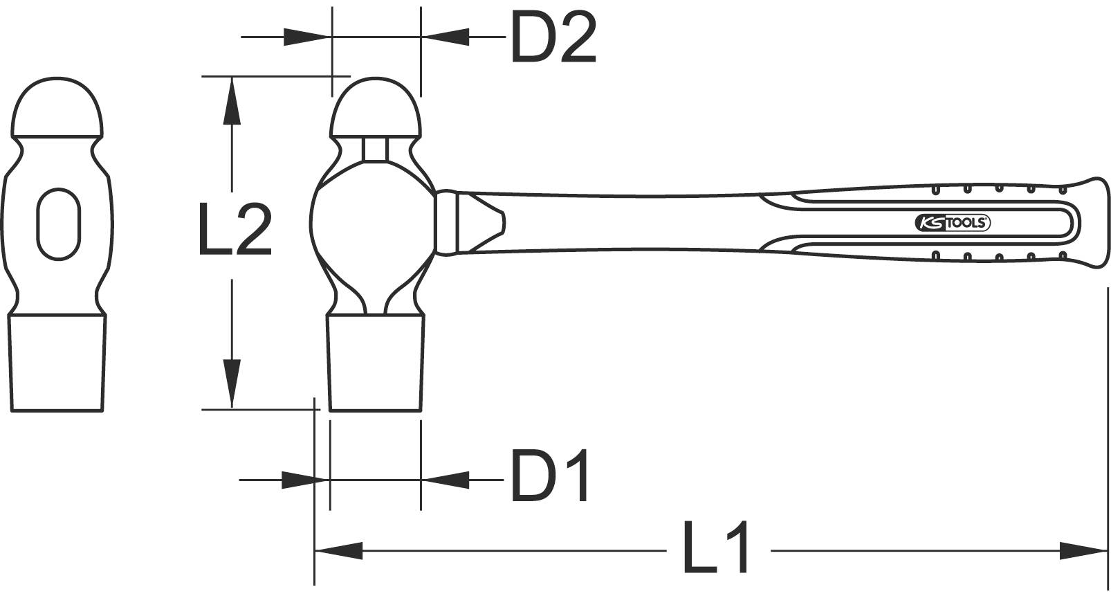 Technische Zeichnung eines Hammers mit Maßen. Zeigt Längen (L1, L2) und Durchmesser (D1, D2) verschiedener Teile des Hammers.