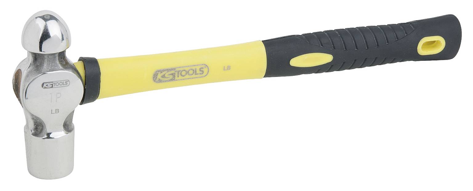 Ein gelber und schwarzer Hammer mit Metallkopf, verwendet zum Treiben von Nägeln oder für andere handwerkliche Arbeiten.