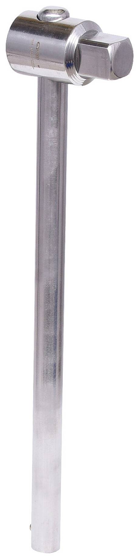 Ein verchromter Hammer mit langem Griff und quadratischem Kopf, möglicherweise ein Spezialwerkzeug für technische oder mechanische Arbeiten.