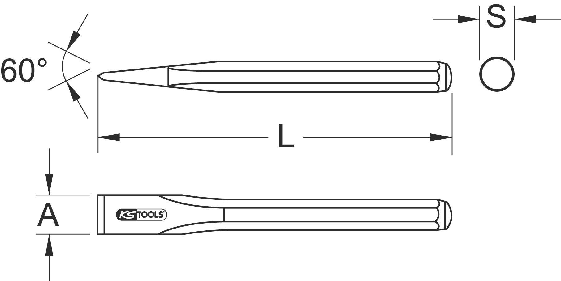 Technische Zeichnung eines Spitzen-Flachmeißels mit 60° Spitze. Maße: Länge (L), Durchmesser (S), Breite (A). Werkzeug von KS Tools.