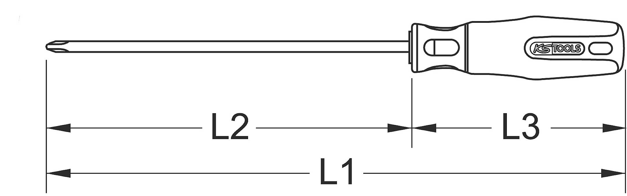 Diagramm eines Schraubendrehers mit Längenangaben: L1, L2, L3 von Spitze bis Griffende. Zeigt Proportionen des Werkzeugs.