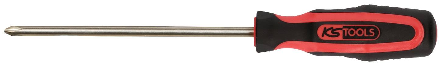 Ein Kreuzschlitzschraubendreher mit einem schwarzen Griff und roten Akzenten von 'KS Tools'.