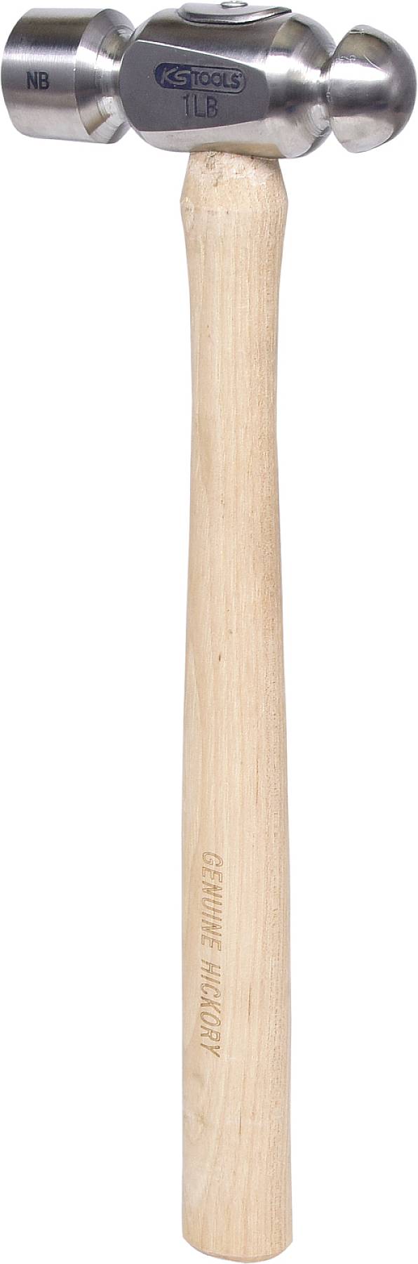 Ein glänzender Metallhammer mit rundem Kopf und einem glatten, hölzernen Griff, geeignet für präzise handwerkliche Arbeiten.