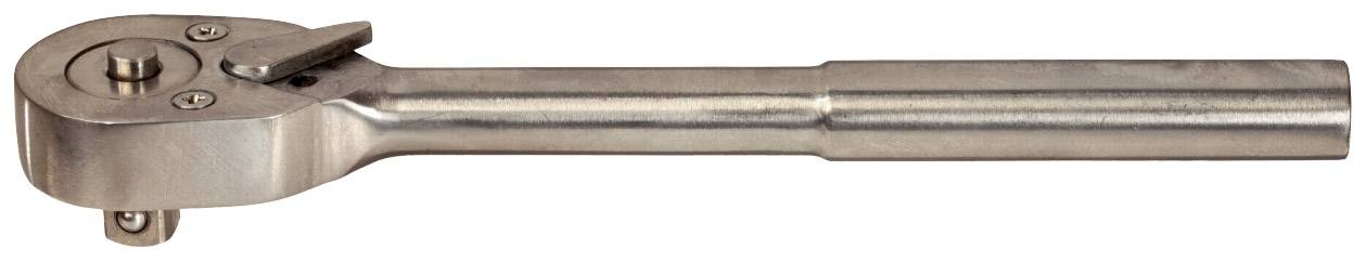 Eine silberne Knarrenratsche mit geradem Griff und Hebelmechanismus zur Richtungseinstellung, verwendet für mechanische Arbeiten.