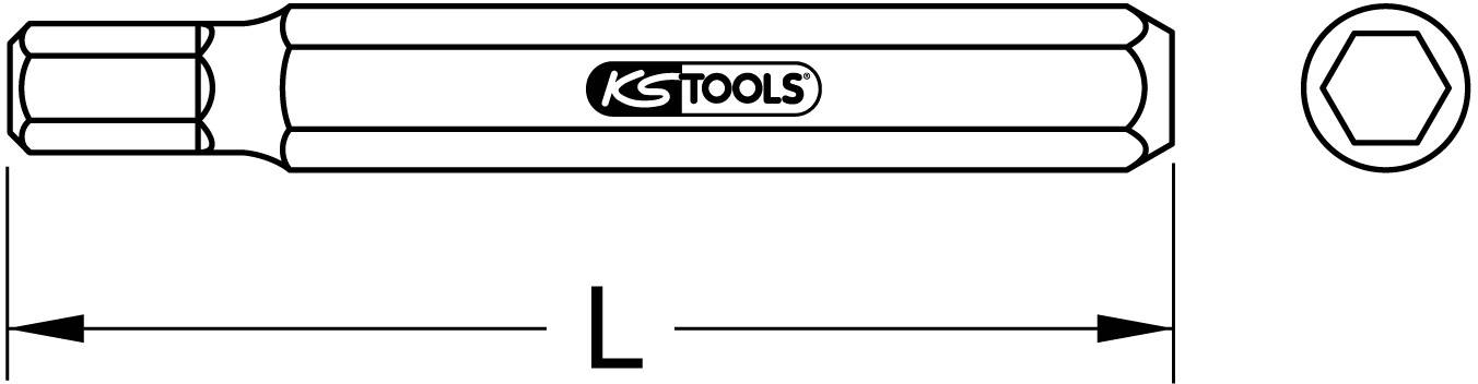 Diagramm eines Torx-Einsatzes mit Länge L, Marke KS Tools. Zeigt eine hexagonale Form an einem Ende.
