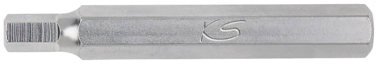 Ein silberfarbener, sechskantiger Metallschlüssel mit einem eingravierten Logo in der Mitte.