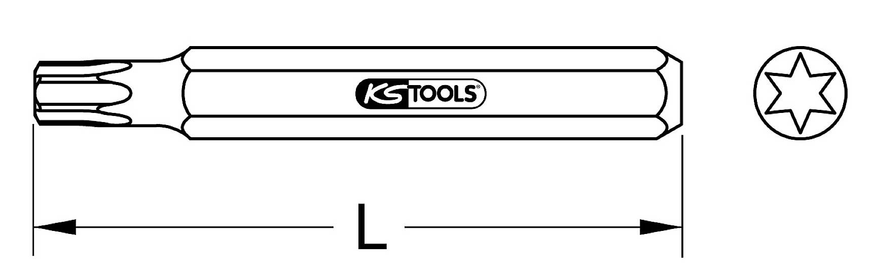 Abbildung eines Torx-Bits von KS Tools mit zwölfzackigem Profil und eingeprägtem Logo. Seitliche Ansicht zeigt Länge mit Beschriftung L.