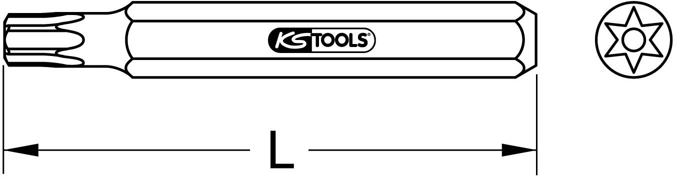 Illustration eines Torx-Schraubendrehers mit Markenzeichen, Länge 'L' angegeben. Zeigt Form und Aufbau des Werkzeugs.